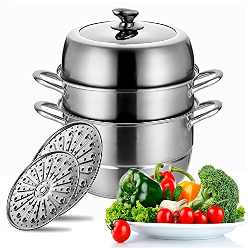 Stainless Steel Steamer Pot Thick-bottomed, 3 Tier Food Steamer for Cooking, Large Metal Steam Cooker, Work for Induction and Stove, Suitable for Tamale, Vegetable, Dumpling and Seafood