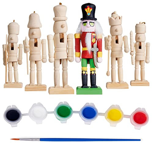 THE TWIDDLERS 6 Christmas Wooden Nutcracker Set, 13cm - Paint Your Own Toy Soldier with Stickers and Stick On Beards, Kids DIY Art & Craft Gift Decorations