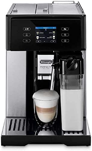 De'Longhi Perfecta Deluxe ESAM 460.80.MB Machine à café automatique avec système à lait LatteCrema et fonction cafetière, écran couleur, avec cafetière, acier inoxydable/noir