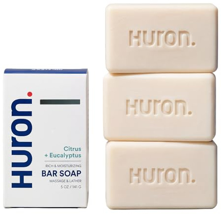 Huron Bar Soap for Men and Women, Hydrating Cleansing Bars with Citrus + Eucalyptus Scent, Moisturizing Shower Soap, Phthalate-Free, Non-Toxic Clean Ingredients for Daily Body Care, 5 oz (Pack of 3)