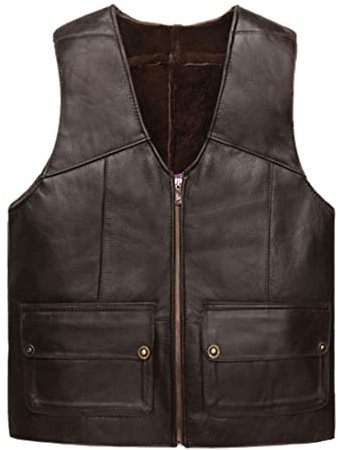 Herren V-Ausschnitt Schaffell Weste Herren Kunstleder Jacken Mäntel Warm Verdickte Weste, braun, XXL