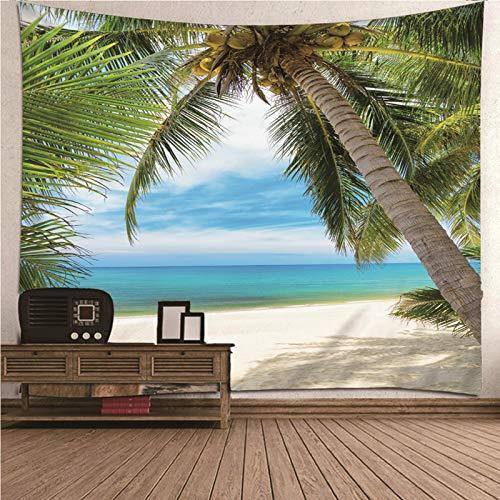 Musihy Tapestry 220x240, Wandteppich Natur Wandtuch Grün Blau Tapestry Sky Wandtuch Meer Strand Baum Wandteppich Polyester Deko Schlafzimmer Wohnzimmer