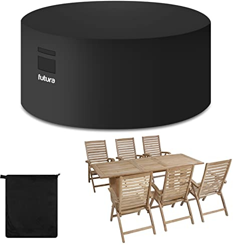 Futura Housse de table de jardin ronde 230 x 100 cm en tissu Oxford 600D imperméable très résistante avec aérations, protection UV, doublure en PVC, convient aux meubles de jardin ronds