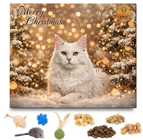 Adventskalender 2025 für Katzen - liebevoll zusammengestellter Premium-Inhalt, gefriergetrocknete Snacks und Spielzeug unter anderem aus echtem Hasenfell