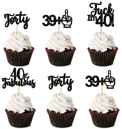 Blumomon 24 Pack Happy 40th Birthday Cupcake Toppers Black Glitter 40 Years Loved Cupcake Picks 40th Man Birthday Cupcake Topper For 40th Birthday Anniversary Party Cake Decorations Supplies