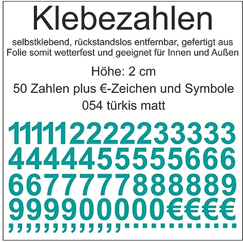 Aufkleber Sticker Klebezahlen Klebezahl Zahlen Zahl Nummern aus Folie 50 Zahlen türkis matt Höhe 2 cm selbstklebend wetterfest Nummerierung Preisauszeichnung Beschriftung Modellbau verzieren