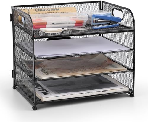 Mesh Letter Tray Organizer, Office Desk Tidy Organizer File Document Holder A4 Paper Fiing Trays for Home Office School (Mesh Metal-4 Tier)