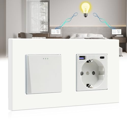 BSEED Lichtschalter mit Steckdose mit USB/TYPE C Schnellladen 20W, 1 Fach 2 Weg Taste Schalter mit Schuko Steckdose unterputz, Wandschalter mit PC Rahmen für Handy, Pad usw - Weiß