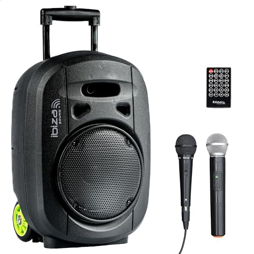 Ibiza - PORT8VHF-MKII-TWS - Tragbarer Lautsprecher 8/400W MAX mit 1 kabelgebundenen Mikrofon und 1 VHF-Mikrofon, Fernbedienung und Zubehörtasche - Bluetooth, USB, SD & TWS - 6-8 Stunden Betriebsdauer