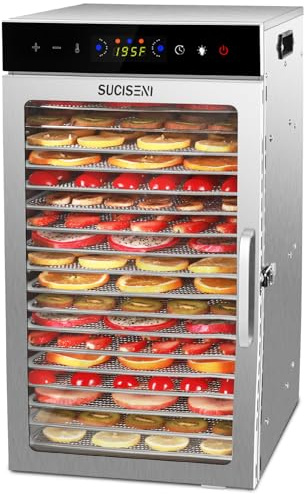 SUCISENI Food Dehydrator Machine 1000W 18 Trays Stainless Steel Commercial Food Dehydrated Dryer with 24H Timer Touch-Control LED Display, Compact Size for Home Jerky Herbs Meat Beef Fruit Vegetables