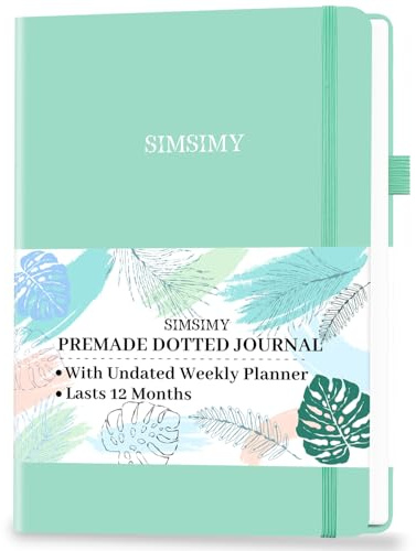 SIMSIMY Premade Bullet Dotted Journal with Undated Weekly Monthly Planner, Pre-made Dot Grid Journaling Aesthetic Notebook for Goals Gratitude Budget Exercise Habits Mood Sleep Tracker - 12 Month