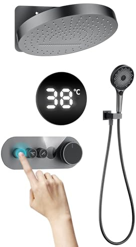 Duschsystem mit Thermostat, Unterputz Duscharmatur Set, LED Digitalanzeige Regendusche Duschsystem Unterputz Regendusche Duschset inkl. 32CM Kopfbrause, 3 Modi Handbrause, Messingkörper, Grau