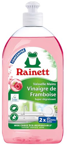 RAINETT - Liquide Vaisselle Mains au Vinaigre de Framboise - Formule Concentrée Super-Dégraissante - Testé Dermatologiquement - Flacon Recyclé & Recyclable - Ecolabel - Format Compact - 500 ml