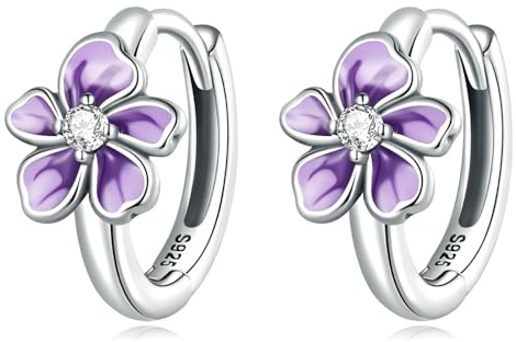 Delicati Orecchini a Cerchio Piccoli Fiori Viola Argento Sterling 925 CZ Piccoli Fiori Cartilagine Huggie Hoops Orecchini con Polsino Incernierato Gioielli di Moda Regali per Donne Ragazze