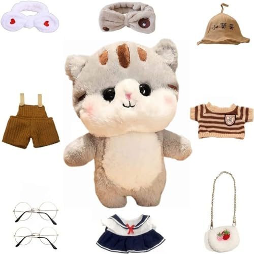 AKRJXCXJD Grey Cat Stuffed Animals Plush Toy with Removable Clothes Cute Soft Cat Plush Stuffed Gifts for Kids - 12 Inch ([9ACC] Clever Suits)
