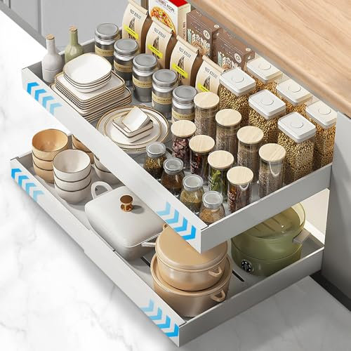 Bearrerp 2pc Teleskopschublade,Kohlenstoffstahl Ausziehbarer Schrank Organizer,Verstellbare Schubladenbreite 32–52 cm,Ausziehbare Schubladen im Küchenschrank,Kein Bohren,Nageln Erforderlich（Weiß）