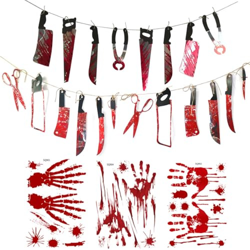 Horror Deko Halloween Deko Horror Dekoration Set Party Girlande Gruselig Zubehör Outdoor Aussen Garten Waffen Banner Türdeko Fenster Artikel Hängedeko Decoration Girlanden Banner für Outdoor Indoor