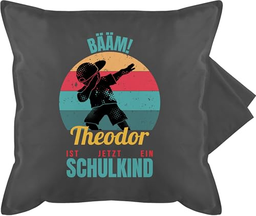 Kissenbezug - Kissen - BÄÄM Schulkind Geschenk Einschulung mit Name Junge | Schulanfänger Geschenke Schulanfang Jungs I Schuleintritt I Schulbeginn - 50 x 50 cm - Grau - für sitzkissen Schule