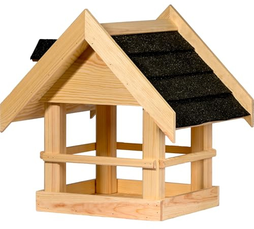 dobar Großes Vogelhaus Noir aus Massivholz mit schwarzem Bitumendach - Vogelfutterhaus für Ständermontage - Natur