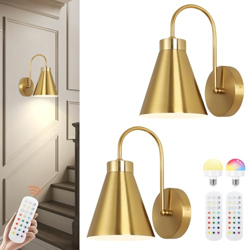 Battery Operated Wall Lights, Gold Rechargeable Wall Light Indoor with Remote and RGB LED Bulb, Dimmable 18 Colors Wireless Wall Lamps for Indoor Bedroom,Bedside Decor,Living Room,Hallway 2-Pack