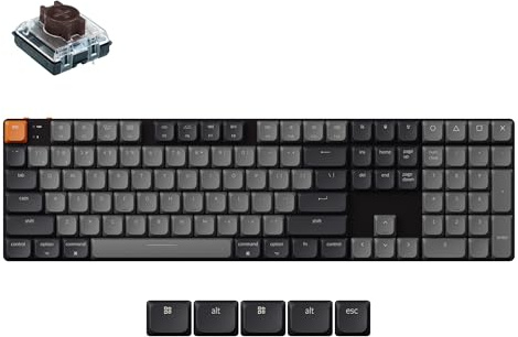 Keychron K5 QMK Ultradünne mechanische Gaming-Tastatur in voller Größe, kabellos, 104 Tasten mit braunem Schalter, weiße LED-Hintergrundbeleuchtung, wiederaufladbare Tastatur mit Kabel- und