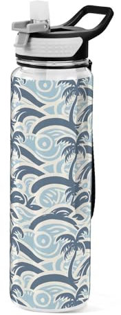 Mnsruu Bouteille d'eau de sport en Tritan sans BPA avec paille - Motif palmiers et vagues de l'océan - 1 l - Pour homme, femme, enfant