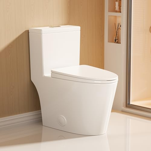 Casta Diva Elongated One Piece Toilet with 17 ADA Comfort Height Seat Modern Compact Toilet for Bathroom, Dual Flush 0.9/1.28GPF and MAP 1000g, 12'' Rough-in, Standard White Bowl