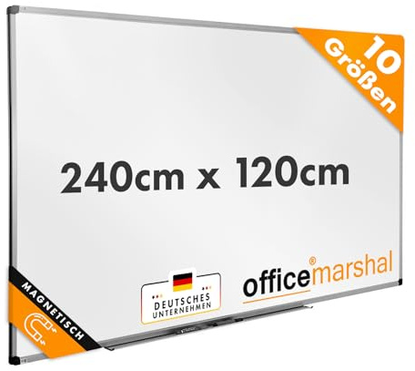 OfficeMarshal Magnetisches Whiteboard 240x120cm mit Alurahmen und Stiftablage für Büro, Heim und Schule, Magnettafel kratzfest und trocken abwischbar | Magentboard