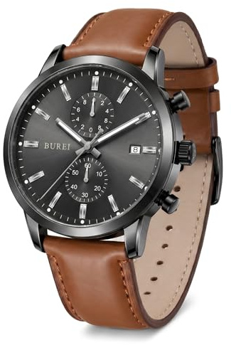 BUREI Relojes de cuero para hombre, cronógrafo, relojes de cuarzo para hombre, reloj de pulsera clásico de moda, regalo para hombre (marrón negro), marrón, gris, Moderno, clásico, multifuncional