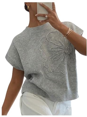GORGLITTER Women's Floral Round Neck Sleeveless Jumpers Cap Sleeve Loose Pullover Sweaters Chunky Knit Sweater Vest Top Grey Small