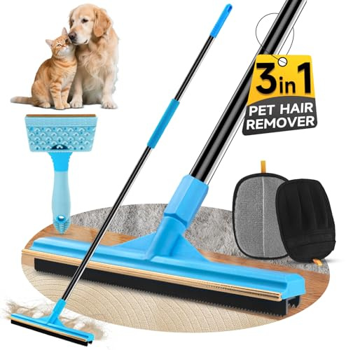 CENOVE 3 in 1 Carpet Rake Kit for Pet Hair Removal Tool, Reusable Pet Hair Remover Broom with Long Handle, Dog & Cat Carpet Scraper, Pet Hair Remover for Rugs, Mats, Couch, Curtains