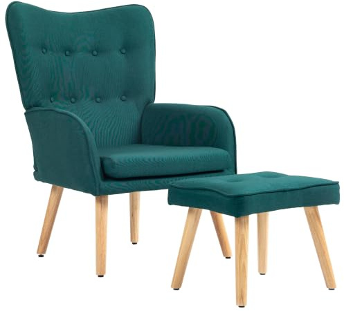 HOMCOM Sillón con Reposapiés Sillón Lectura con Respaldo Alto Verde Oscuro | Capitoné, Asiento Amplio, Patas de Madera, Tapizado en Lino, Butaca, Salón Dormitorio Oficina