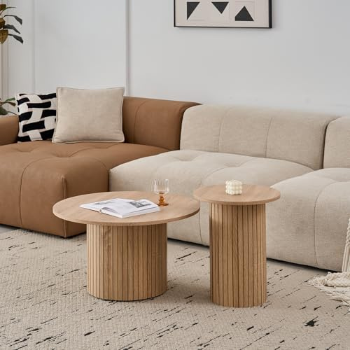 DEYARNA HOME Set med 2 Inbäddade Runda Soffbord, Modernt Set med Ribbade Trummelbord för Vardagsrum, Sovrum, Balkong och Kontor. (Naturligt (Träfiber))