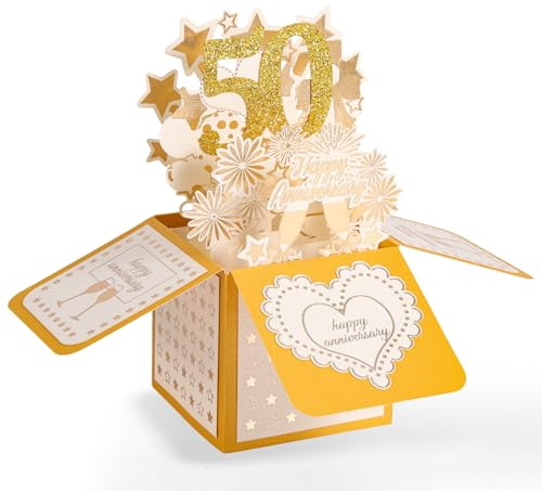 50:e Årsdagskort, 3D Guld Happy Anniversary Pop-Up Kort med Kuvert för Kvinnor Män Fru Man Par Föräldrar Honom Henne Bröllopsgåva
