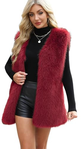 YuanDiann Chaleco de piel sintética para mujer, para otoño e invierno, informal, cuello en V, cálido, sin mangas, piel sintética, regalo, borgoña, 3XL