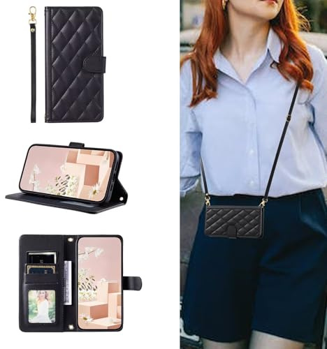 YANJIEER ESONG handykette Schutzhülle für iPhone 17 Leder Brieftasche, Stoßfest klapphülle mit Kordel Band, Kartenfach, Ständ, Magnetic Wallet hulle Frauen Flip Case Cover Schwarz