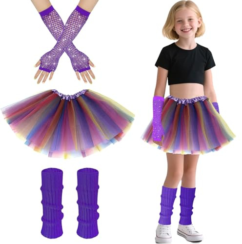 AffeGifts 80er Jahre Outfit Kinder, Stulpen Neon Kostümsets Mädchen Neon Bein Warmer Fischnetze Handschuhe Und Fancy Kleid Tutu für 1980er Themenparty Disco Party Kostüm Karneval Treffen