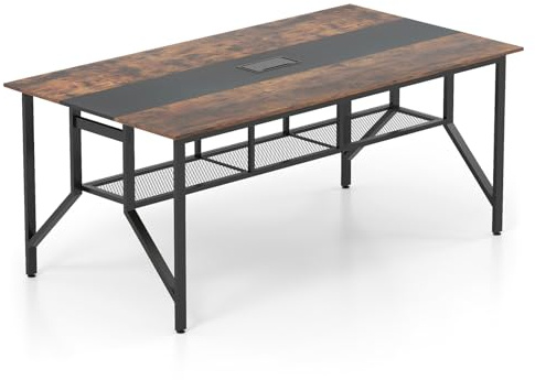 GYMAX Mesa de Conferencias, Mesa de Reuniones Industrial para 6-8 Personas con Estante de Almacenamiento, Caja de Gestión de Cables, Escritorio Rectangular para Oficina Sala, 180 x 96 x 76 cm