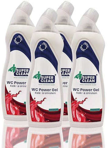 SUPER CLEAN WC POWER GEL 4 x 750 ml – premium WC-rengöringsmedel mot kalk och urinsten – självhäftande toalettgel med körsbärsdoft – mild och utan GHS-märkning – tillverkad i Tyskland