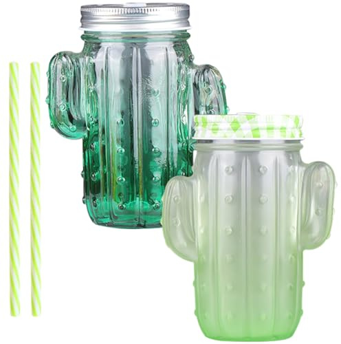 HEALSOPTHY Lot de 2 Sets de Verres à Boire en Verre Transparent Forme Cactus Pailles Réutilisables, Grosse Capacité, Décor Créatif pour Boissons Froides et Couleur Aléatoire
