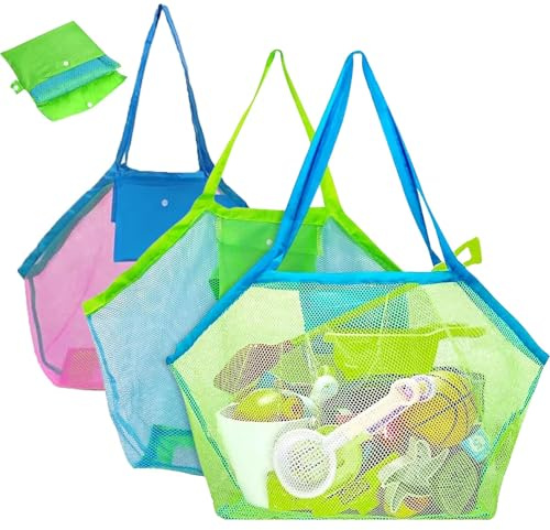 Netztasche Sandspielzeug, Tasche für Sandspielzeug, Strandtasche Netz mit drei Taschen, Ideal für Strandurlaub und Familienausflüge, Wasserspielzeug Organisation und Aufbewahrung, Robuste Netzbeutel f