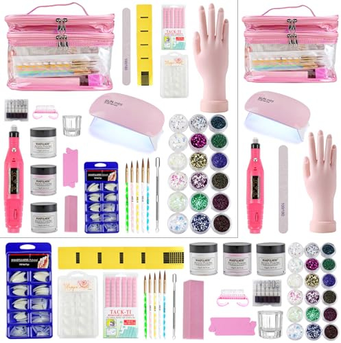 Acrylic Nail Kit for Beginners Complete Set Includes Acrylic Powder Nail Brush Drill Nail Glitter Powder and Nail Lamp Everything in Portable Cosmetic Bag for Salon Home Manicure (TX006-01A)
