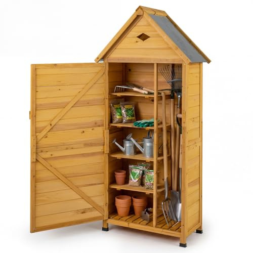 RELAX4LIFE Abri de Jardin en Bois 81x46x174 cm avec 4 Étagères Amovibles, Toit Incliné en Métal Galvanisé, Porte Verrouillable, Cabane de Jardin en Bois pour Jardin Terrasse Balcon