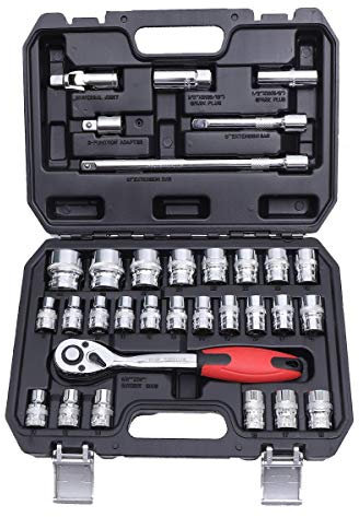 KATSU Set di Chiavi a Bussola 1/2 32 Pezzi, Unità Metrica da 8-32mm con Chiave a Cricchetto a Sgancio Rapido a 72 denti e Barra di Prolunga, Strumento di Riparazione Automatica 420347