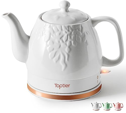 Toptier Electric Ceramic Tea Kettle, Boil Water Quickly and Easily, Detachable Swivel Base & Boil Dry Protection, Carefree Auto Shut Off, 1 L, White Leaf
