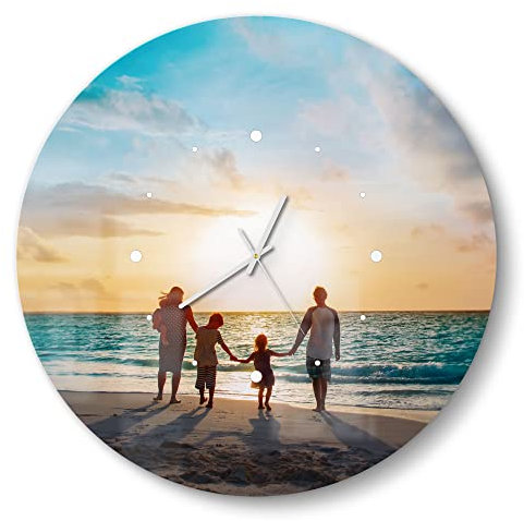 DEQORI Orologio in vetro personalizzato con foto | rotondo Ø 50 cm, a pois nero | immagine propria | grande orologio di design XXL in vetro | orologio da parete silenzioso per soggiorno e cucina |