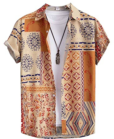Hombres Vintage Camisa Estilo étnico Africano Camisas de Manga Corta Moda Traditional Patrón Impreso T Shirt Verano Regular Botón Casual Playa Blusa Top