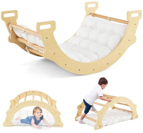 GYMAX 2 in 1 Kids Climbing Set, Indoor Climbing Arch with Cushion, Wooden Toddler Climber Frame for Playroom, Natural, 81 x 50 x 38 cm