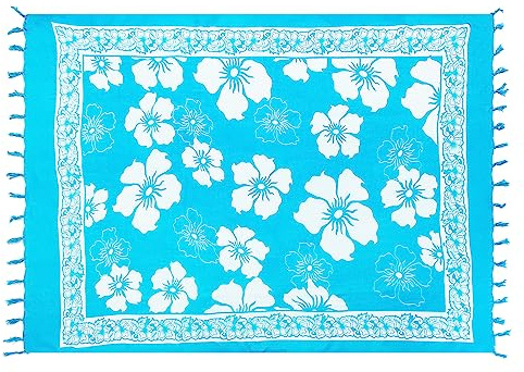 SAIVONA Pareo Sarong Strandtuch Damen - Wickelrock Strand - Handtuch Blickdicht als Wickeltuch oder Handtuchkleid und Wickelkleid Damen - Handarbeit aus Fair Trade Herstellung Türkis Hibiskus Blume