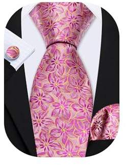 Barry.Wang Paisley Herren-Krawatten-Set, Seide, Einstecktuch, Manschettenknöpfe, formelle Hochzeit, Party, Business, Hot Pink Blumenmuster, Einheitsgröße